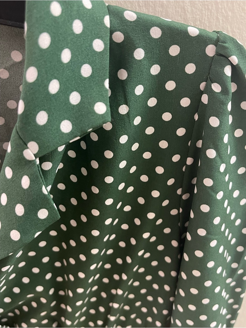 Hunter Green White Polka Dot Long Sleeve Mini Dress Collared V-Neck L - Picture 3 of 4